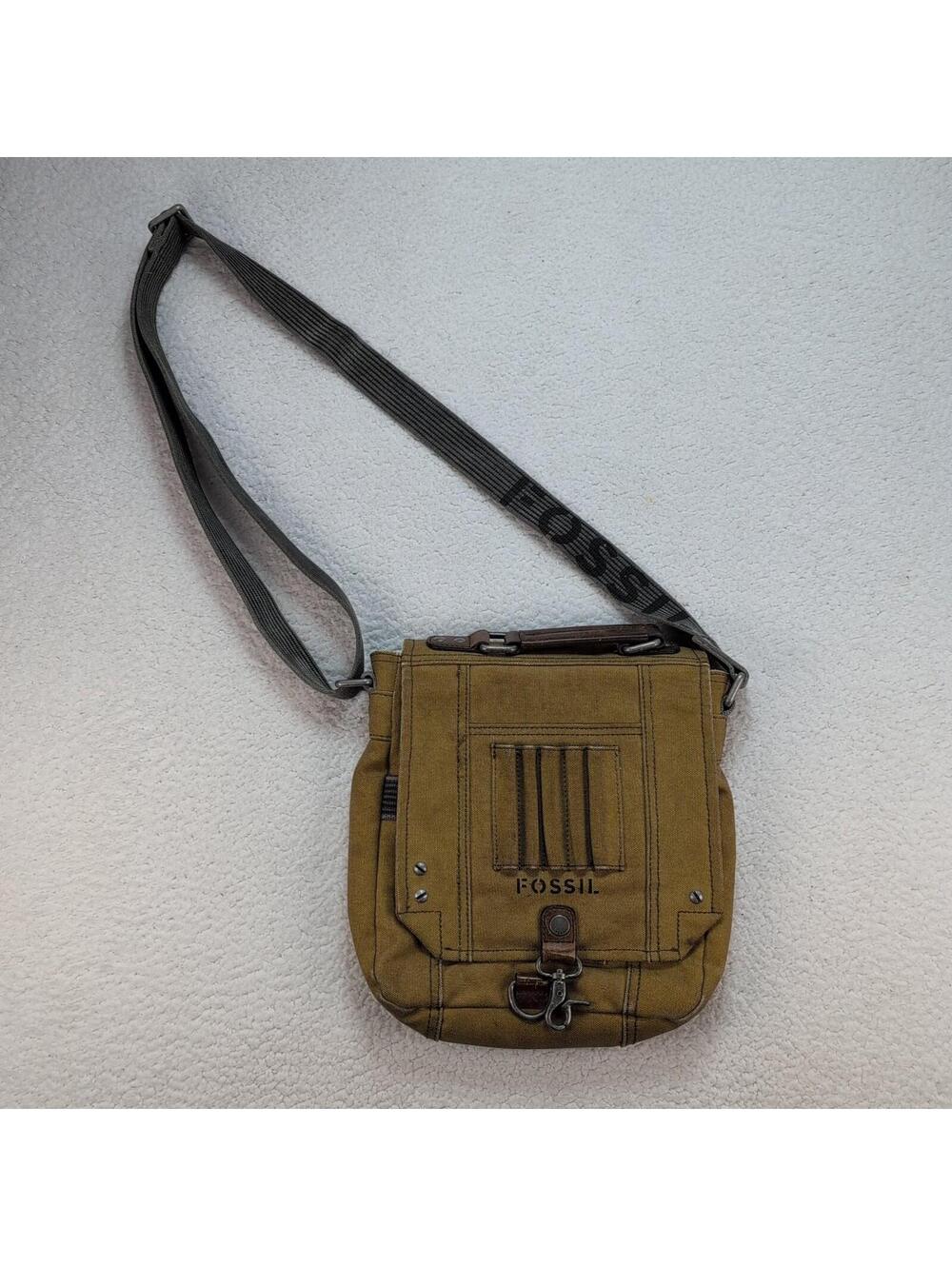Fossil Canvas Messenger Bag Tan Utility Crossbody Travel Laptop Utility Distress